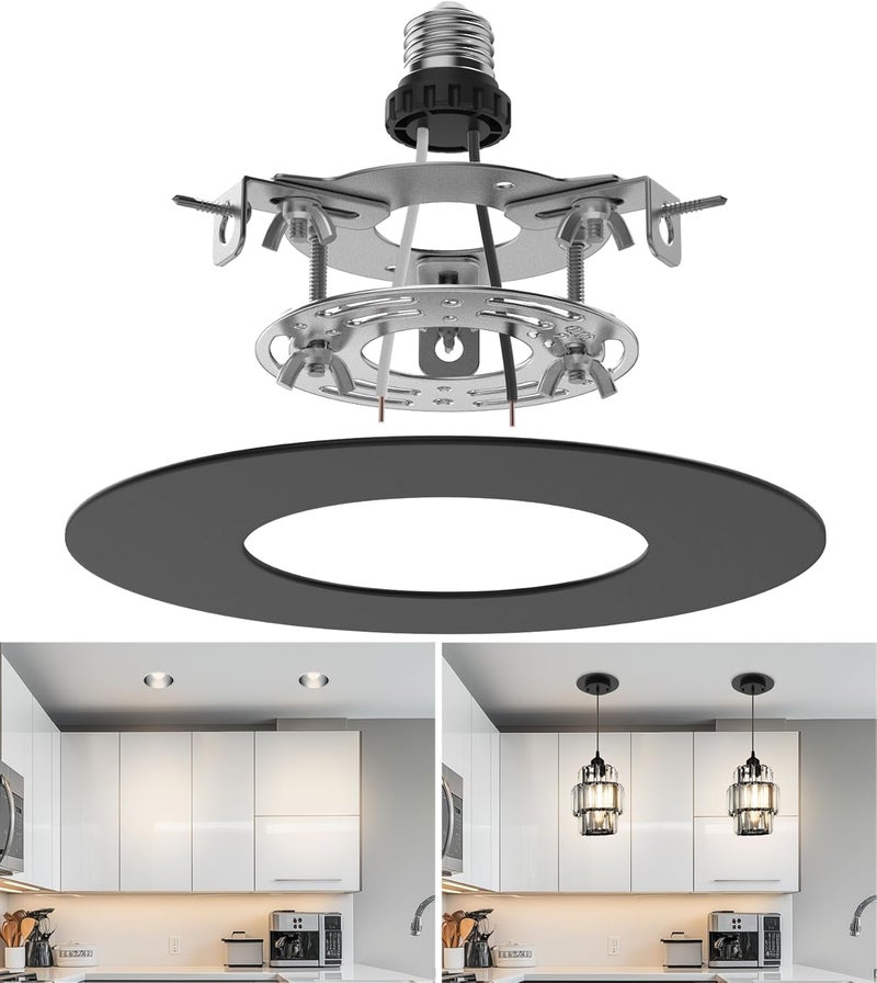 tebio Recessed Can Light Conversion Kit for 5" and 6" Ceiling Fixtures - Pendant/Hanging Light Upgrade, Compatible with Ceiling Fans, Includes 7¾" Flat Steel Medallion, Black Finish - Image 1
